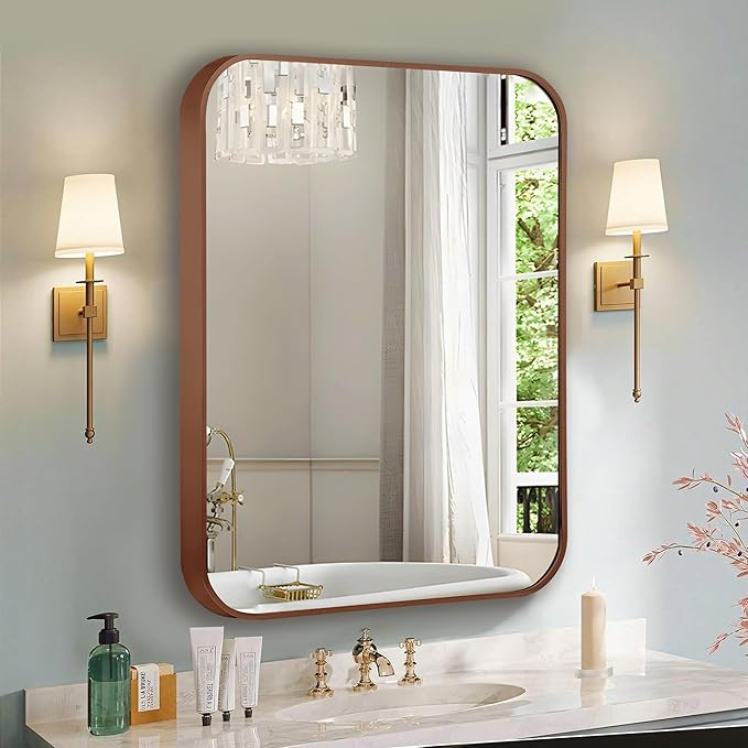 Rectangle Bathroom Mirror for Wall Decor, 30x36 Inch Brushed Bronze Metal Framed Rectangular Mirror for Bathroom Vanity, Living Room, Bedroom, Farmhouse, Hangs Vertically or Horizontally