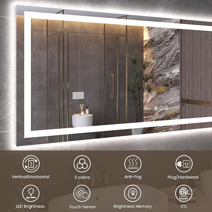 60"X24" LED Bathroom Mirror with Front Lights and Backlit, Anti-Fog, Dimmable, Shatter-Proof Tempered Glass, Lighted Bathroom Vanity Mirror for Wall with 3 Colors, Memory Function