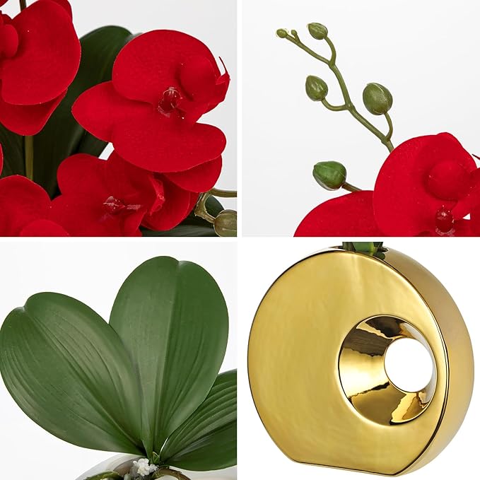 Briful Artificial Orchid Flowers in Gold Pot 15.7" Tall Red Velvet Faux Orchid Arrangement Silk Orchid Flower Fake Orchids Centerpiece for Home Office Room Wedding Table Décor