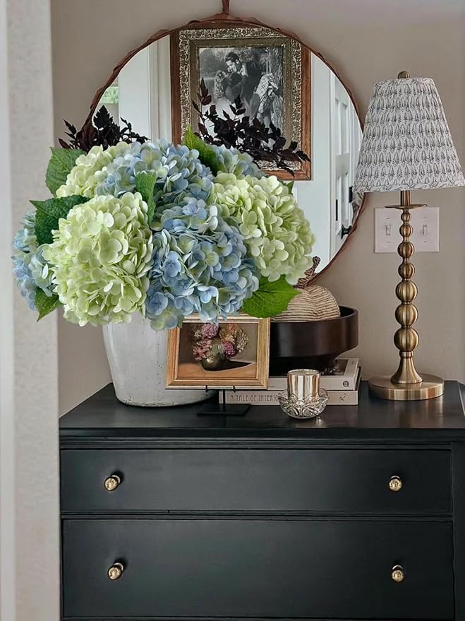 YalzoneMet Artificial Hydrangea Flowers 4 Pcs 2 White 2 Light Green 21 inch Long Rod Real Touch Lifelike Fake Latex Hydrangea Flowers for Home Party Outdoor Wedding Gifts Christmas Table Decoration
