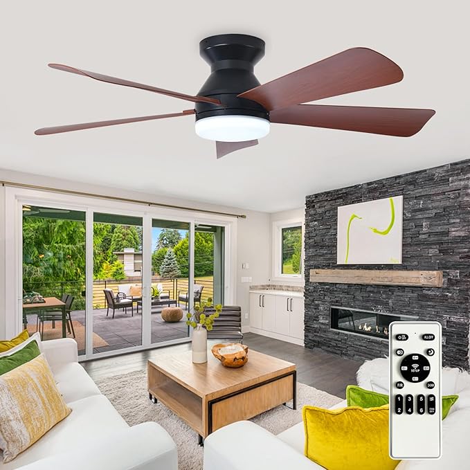DINGLILIGHTING Ceiling Fans with Lights for Bedroom: 42 Inch Walnut Low Profile Ceiling Fan with Light and Remote Indoor Outdoor