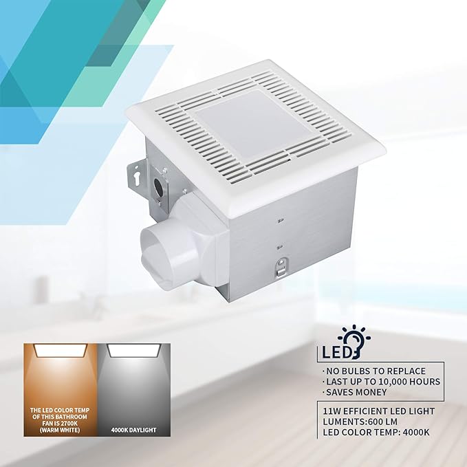 Tech Drive Very-Quiet 70 CFM, 2.0 Sone Bathroom Ventilation and Exhaust Fan With LED light 4000K 600LM(70CFM),Ceiling Mounted Fan,Easy to Install