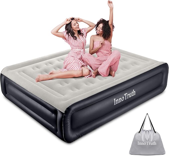 InnoTruth Raised Air Mattress with Built-in Pump,18in Elevated Inflatable Mattress with Carrying Bag for Home and Camping, Queen Size Blow Up Bed，Black