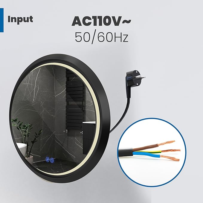 Round LED Bathroom Mirror with Lights, Front Lit Makeup Mirror, Anti-Fog, 3 Colors and Dimmable Light, 36 Inchs Black