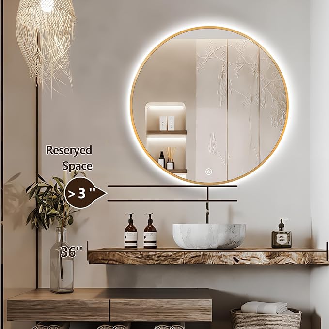 30" Round LED Bathroom Mirror, Wall Mounted Round Backlit Mirror LED Bathroom Vanity Mirror with Lights Fog Free Circle Lighted Mirror with Gold Frame, Smart Light up Mirror 3-Color