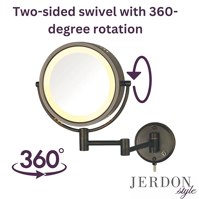 JERDON Two-Sided Wall-Mounted Makeup Mirror with Lights - Direct-Wired Lighted Makeup Mirror with 8X Magnification - 8.5-inch Diameter Mirror with Bronze Finish Wall Mount - Model HL75BZD