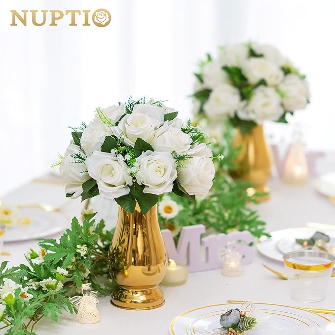 NUPTIO Pcs of 6 Fake Flower Ball Arrangement Bouquet,15 Heads Plastic Roses with Base, Suitable for Our Store's Wedding Centerpiece Flower Rack for Parties Valentine's Day Home Décor (Pure White)