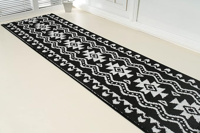 Custom Length Cut to Size Tribal Ethnic Southwestern Inspired Hallway Runner Rug, Non Slip Rubber Backed, 31 inch Wide X Customized Length, Aztec Black, 31 inch X 30 feet