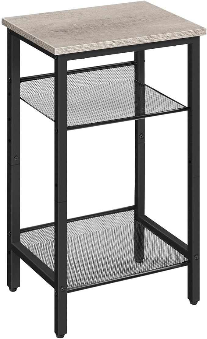 HOOBRO Side Table, 3-Tier Tall End Telephone Table with Adjustable Mesh Shelves, Small Entryway Stand for Living Room Bedroom Hallway or Office, Greige and Black BG01DH01G1