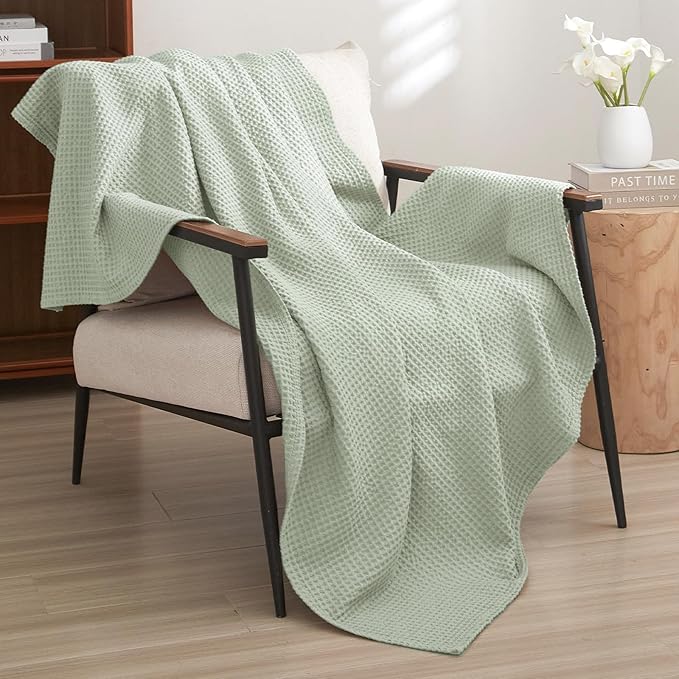 PHF Pre-Washed Cotton Waffle Weave Blanket Throw Size for Couch Bed,Snag Proof Spring Summer,Lightweight Breathable,Oeko-TEX Certified,Machine Washable, Home Decor Gift，Sage Green