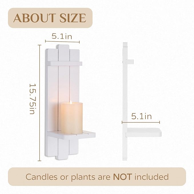 White Wall Candle Holders - Decorative Candles Sconces for Wall Decor Boho Floating Shelf Rustic Wooden Decor for Bedroom Bathroom