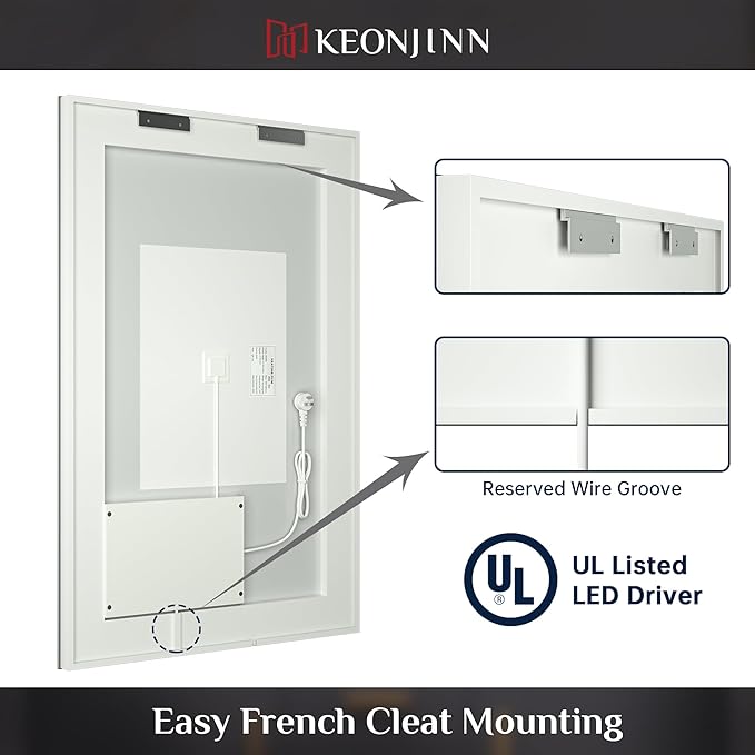 Keonjinn LED Bathroom Mirror, Lighted Vanity Mirror with Lights, 30 x 36 Inch, Dimmable, Anti-Fog, IP54, 6000K, Wall Mounted
