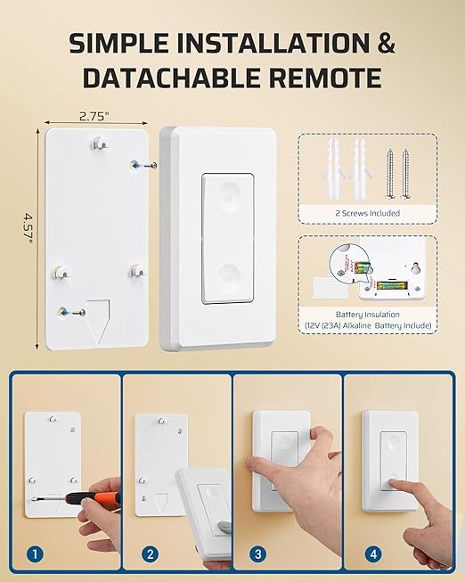 DEWENWILS Wireless Light Switch Kit - No Wiring, 10A/1000W, 100 Ft RF Range, Remote Control for Ceiling Lights, Fans, Lamps