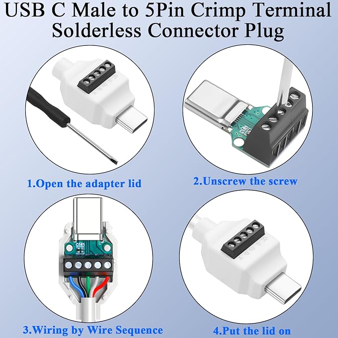 QIANRENON PD60W USB C 5Pin Crimp Solderless Adapter USB Type C Male to 5Pin Terminal Fast Charging Data Connector 480Mbps USB C No Solder Plug, 20V 3A, for DIY Repair Type C-C Charge Cable