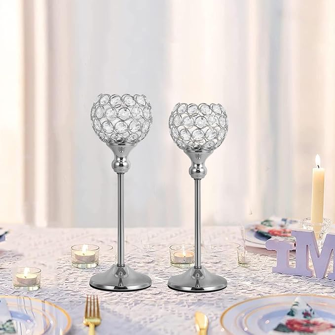 VINCIGANT Crystal Hurricane Candle Holder Silver Candlestick Set of 2 for Anniversary Celebration Coffee Table Modern Decorative Centerpieces