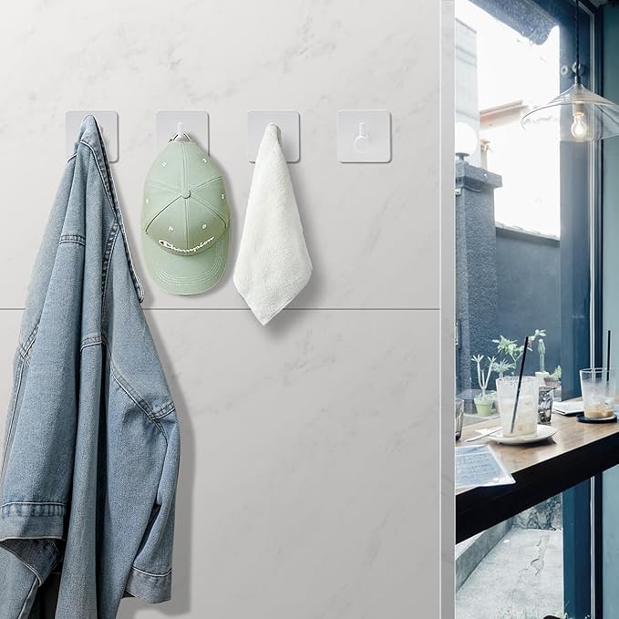 White Adhesive Towel Hooks: 15LB Heavy Duty Wall Hooks Stick on Shower Hooks for Bathroom Kitchen Door-4Packs
