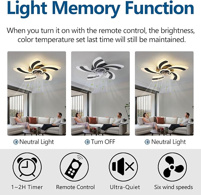 Ceiling Fan with Lights Remote Control, Black Modern Ceiling Fan with Light, 3 Light Color 6 Speeds Low Profile Flush Mount Ceiling Fan for Kitchen Bedroom Living Room