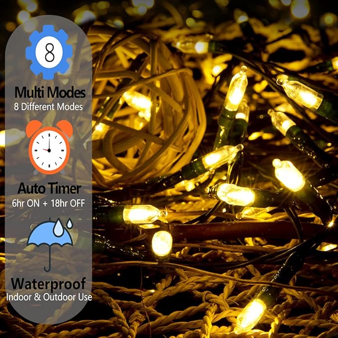 Christmas Lights - Battery Operated 50 LED Mini String Lights With 8 Modes and Timer for Xmas Tree, Wreath, Party, Indoor Outdoor Decor - Waterproof, Warm White (2 Pack)