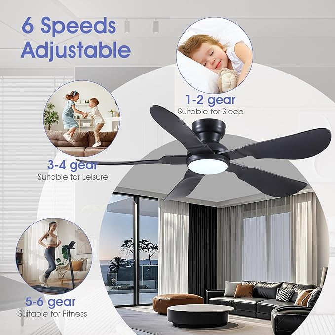 52 Inch Modern Ceiling Fans with Lights, Flush Mount Ceiling Fan with Light and Remote/APP Control, 5 Reversible 6 Speeds Curved Blades, 3 CCT Dimmable Lights for Bedroom, Black