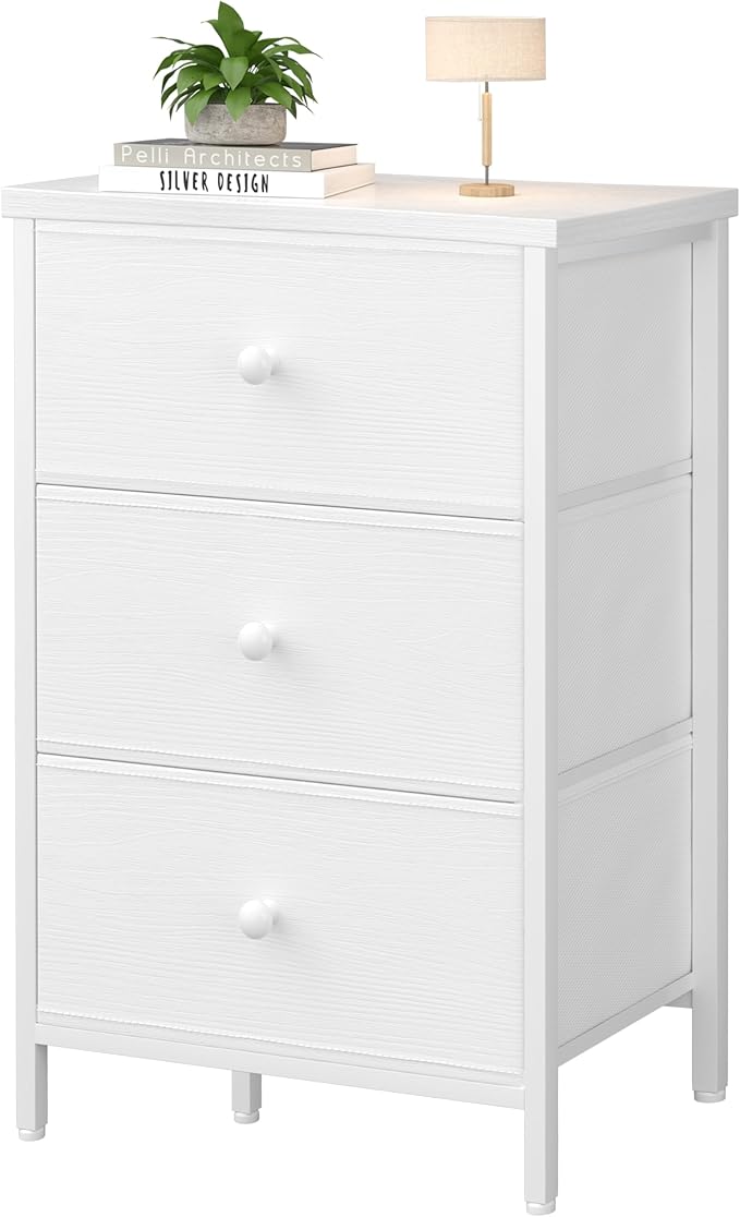 BOLUO White Night Stand with Drawers 3 Drawer Dresser for Bedroom, Tall Nightstand for Closet Dorm Modern Bedside Table