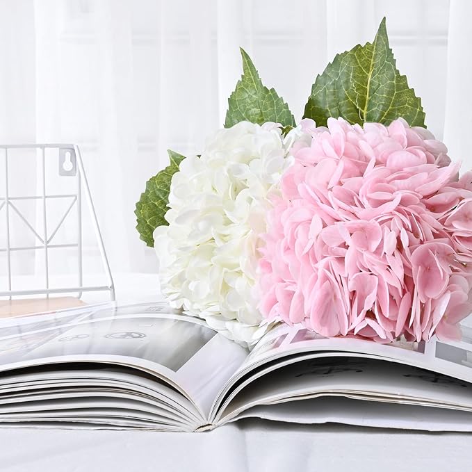Waipfaru 4Pcs Real Touch Hydrangea Artificial Flowers, Pink & White Fake Hydrangea Flowers, 21" Lifelike Latex Faux Hydrangea Flowers for Wedding Bouquet Home Decor Centerpieces