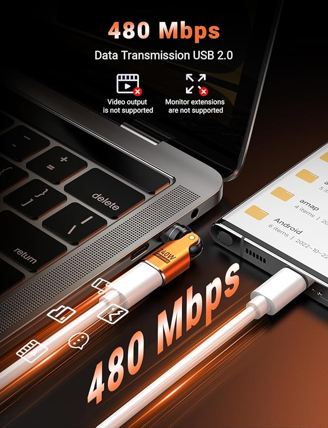 USB C Magnetic Adapter PD 240W(2Pack), 9PIN USB C 90 Degree Adapter/C Right Angle Adapter/180 Degree USB Connector/C to C Adaptor for 1Phone 16/15 Series, Ma-Book Pro/1Pad Series (Orange, 2 Pack)