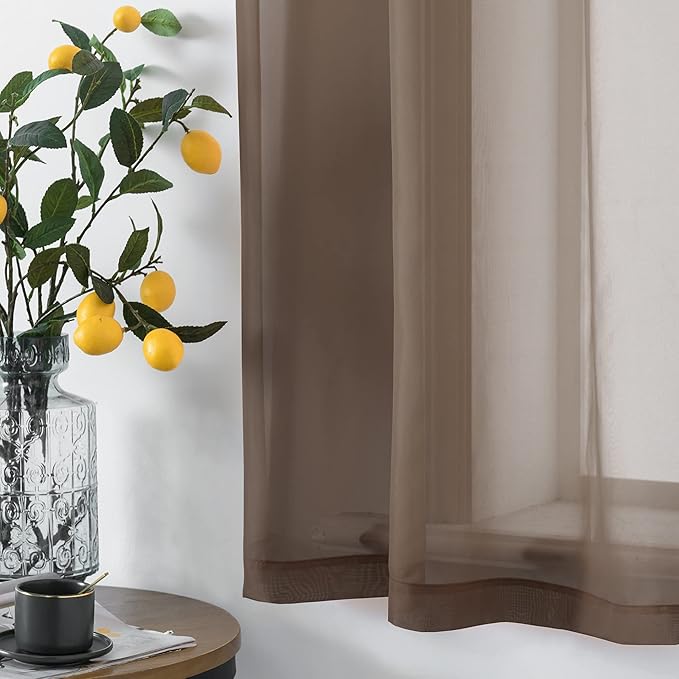 DUALIFE Sheer Curtains Light Filtering Solid Drapes for Window Curtains Sheer Grommet Top (Set of 2, 52 by 72Inch, Chocolate Brown)