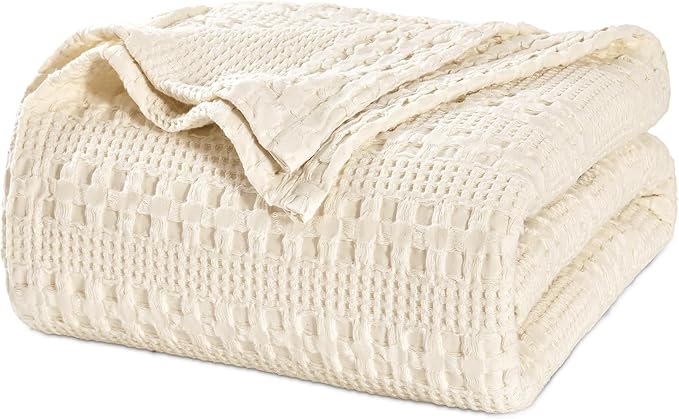 PHF 100% Cotton Waffle Weave Blanket Twin Size for Bed, Soft Lightweight & Breathable, All-Season Comfort, Luxury Aesthetic Woven Bedding for Home Decor, 66"x90", Natural
