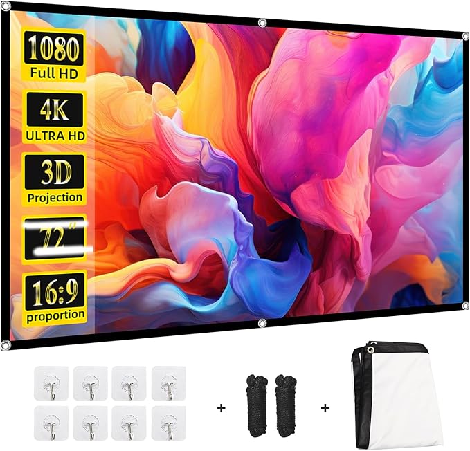 Projector Screen 72 inch，Portable Movie Projector Screen 16:9 HD Indoor Outdoor Double Sided Rear Projection Screen Video for Home, Party, Office, Classroom