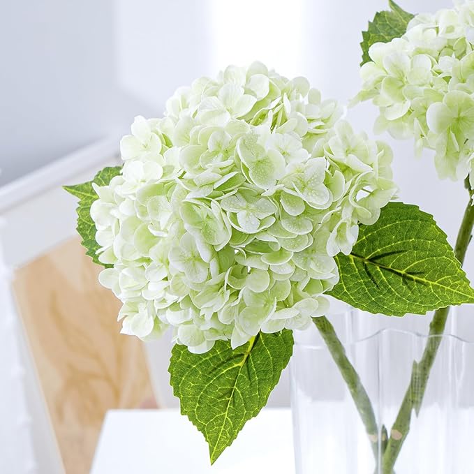 21" Real Touch Green Hydrangea Artificial Flowers with Long Stem & Leaves, Full Latex Faux Hydrangea Flowers for Home Decor Party Floral Arrangements Wedding Bouquets Centerpieces, 4Pcs