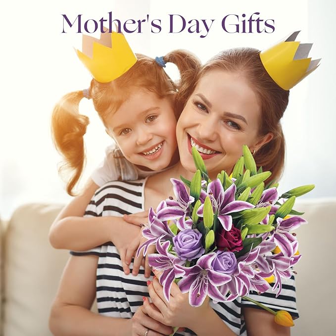 Hotop 20 Pcs Artificial Flowers Velvet Realistic Roses and Latex Lilies Flowers Bouquet Decorations Arrangements for Home Table Centerpieces Independence Day(Violet, Light Purple,Purple)