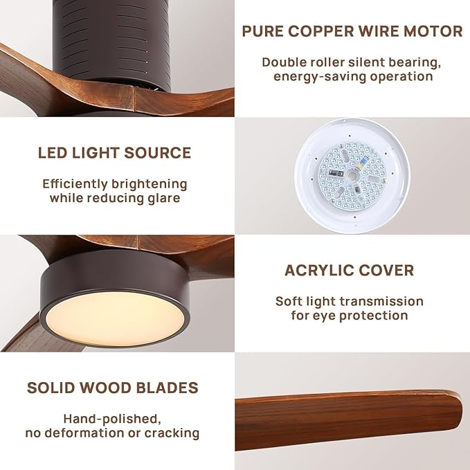 Sofucor 52 Inch Ceiling Fans with Lights, Indoor/Outdoor Ceiling Fan with Light and Remote, Quiet DC Reversible, Dimmable, Flush Mount, 3 Blade Solid Wood Ceiling Fans or Patio Bedroom Farmhouse