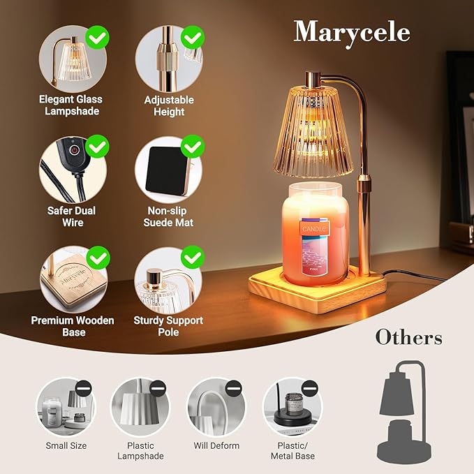 Marycele Candle Warmer Lamp with Timer for Yankee Candles, Adjustable Height Wax Melt Warmer, Birthday Gifts for Mom Women Sister, Vintage Amber Glass Lamp, Fall Decorations for Home Decor