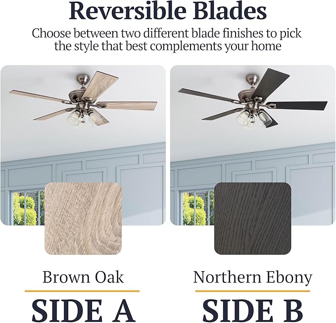 Prominence Home Glenmont, 52 Inch Farmhouse LED Ceiling Fan with Light, Pull Chain, Three Mounting Options, Dual Finish Blades, Reversible Motor - 50388-01 (Pewter)