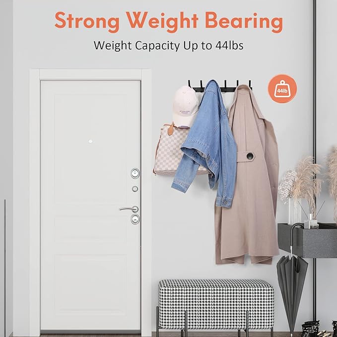 Coat Rack Wall Mount, Coat Hook Wall Mount, Wall Hooks for Hanging, Hat Rack for Walls, Coats Hanger with 12 Hook, Towel Hooks for Bathrooms (1 Pack, Black)
