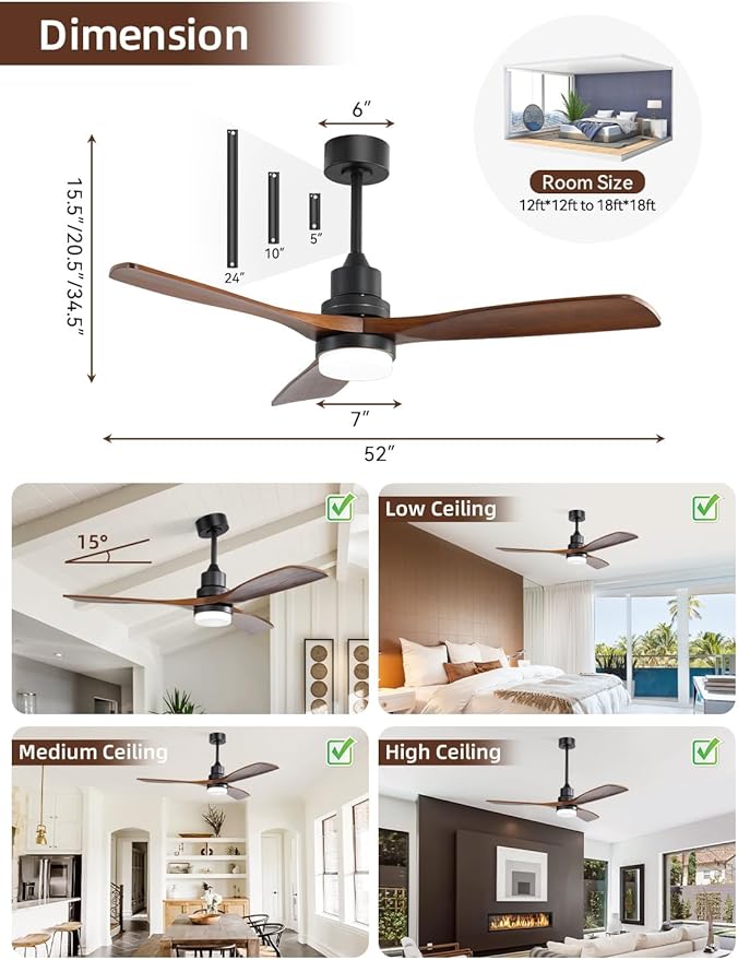 Sofucor 52 Inch Ceiling Fans with Lights and Remote Control, Modern Solid Wood Outdoor Ceiling Fan with Light for Bedroom Living Room Indoor Farmhouse Patio, Quiet DC Motor
