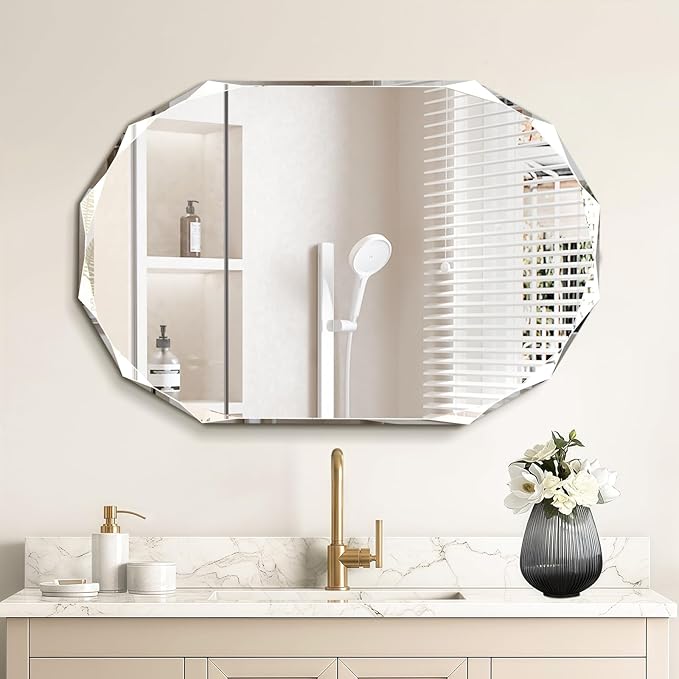 Pregaspor Single Beveled Edge Bathroom Vanity Mirror, 23.6" x 35.4" Oval Wall Mirror, Shatterproof Frameless Mirror for Over Sink, Restroom