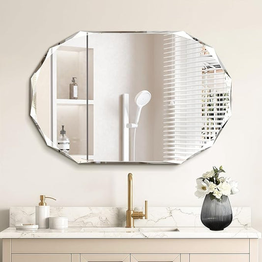 Pregaspor Single Beveled Edge Bathroom Vanity Mirror, 23.6" x 35.4" Oval Wall Mirror, Shatterproof Frameless Mirror for Over Sink, Restroom