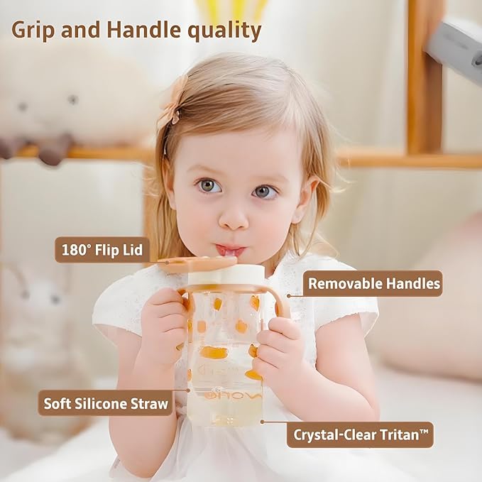 Evorie Tritan Spill Proof Toddler Straw Sippy Cup, 10 oz for Baby and Toddlers 1-3 Years Old, No Spill Straw Water Bottle with Removable Handles, Ideal for School, BPA-Free, Pink Rabbit