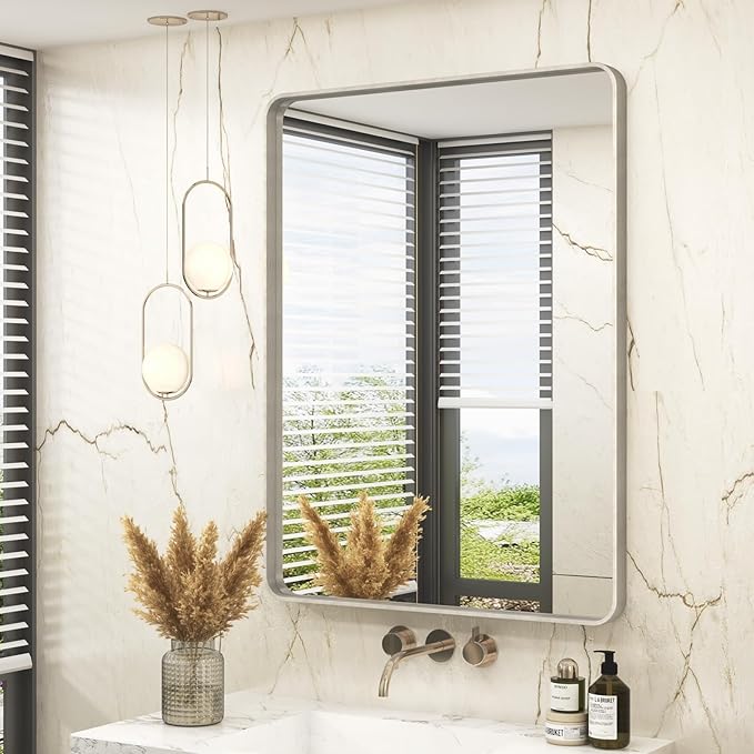28x36 Inch Brushed Nickel Bathroom Mirror, Brushed Silver Metal Framed Wall Mirror, Rounded Rectangle Bathroom Vanity Mirror, Anti-Rust, Shatterproof (Horizontal/Vertical)