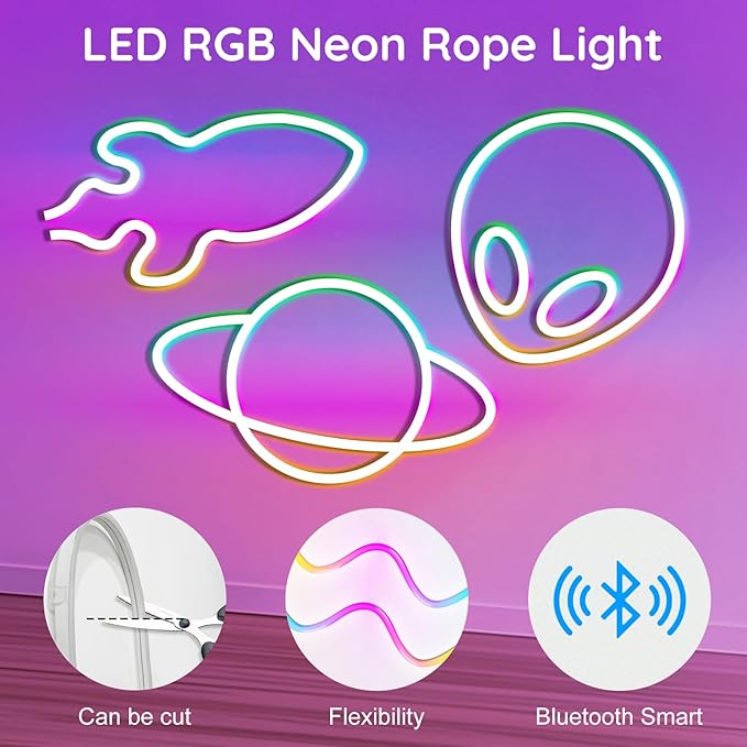 16.4Ft Neon Rope Lights,Flexible Led Rope Lights Control with App/Remote,Multiple Modes Music Sync Gaming RGB Led Neon Lights for Bedroom Outdoor
