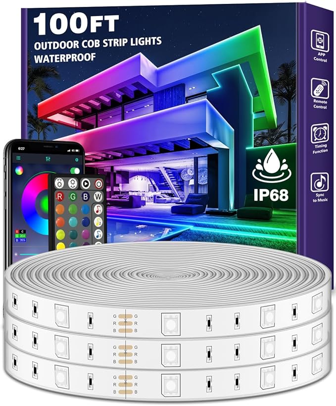 AILBTON 100ft Outdoor LED Strip Lights Waterproof,IP68 Outside Led Light Strips Waterproof with Bluetooth App Remote Control,Music Sync RGB Exterior Led Rope Lights,for Balcony,Deck,Roof,Garden,Pool