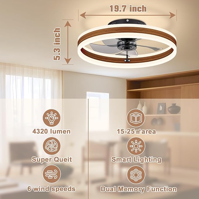 VOLISUN Low Profile Ceiling Fans with Lights and Remote, 19.7in Farmhouse Ceiling Fans with Light Flush Mount, 3000K-6500K Dimmable Fandelier LED Fan Light, Bladeless Ceiling Fans for Bedroom