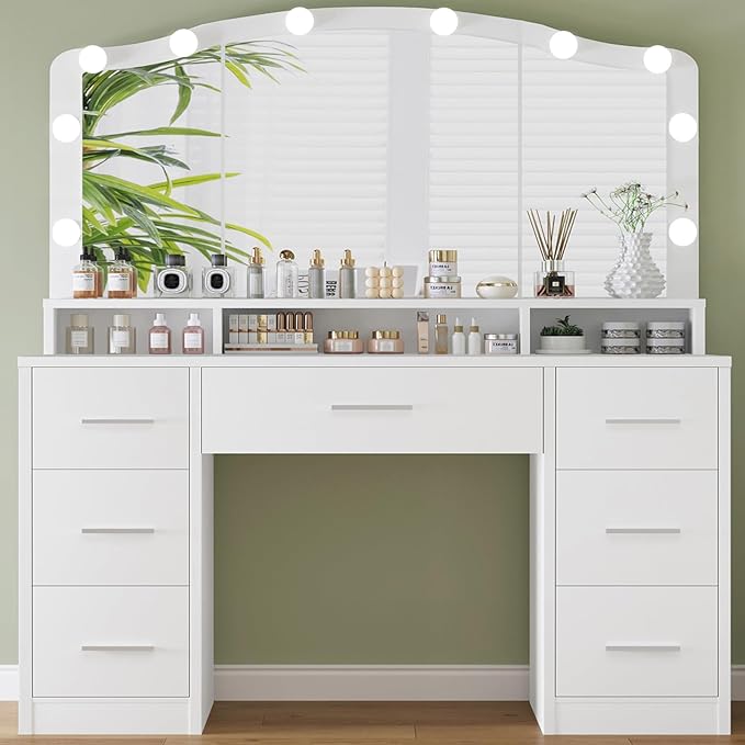 usikey 43.3" Vanity Desk with Large Lighted Mirror, Makeup Vanity Table with 7 Drawers & 10 Lights Bulbs, 3 Lighting Colors, Make Vanity Desk, Vanity Table for Women Girls, White