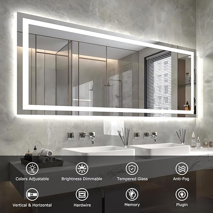 72X32 LED Bathroom Mirror with Lights, Anti-Fog, Dimmable, Backlit + Front Lit, Smart Bathroom Vanity Mirror, Memory Function, Shatterproof, Tempered Glass (Horizontal/Vertical)