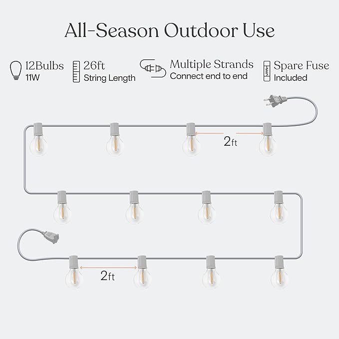 Brightech Ambience Pro LED String Lights - 26 Ft Commercial Grade Patio Lights Outdoor Waterproof - 12 Globe Porch String Lights for Outside, Backyard - 1W Vintage Edison Bulbs, Shine Bright, White