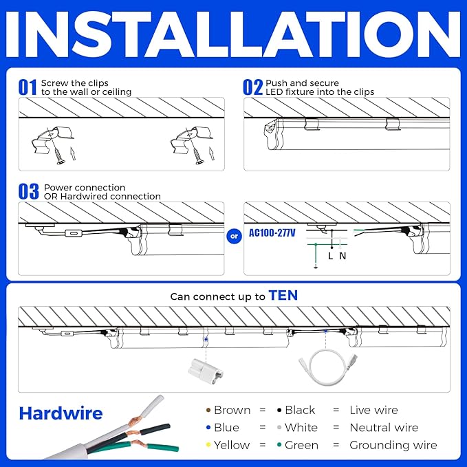 Barrina (Pack of 6 LED T5 Shop Light 3FT, 6500K Super Bright White, Utility Shop Lights, Commercial Bay Light, ETL Listed, Corded Electric with Built-in ON/Off Switch