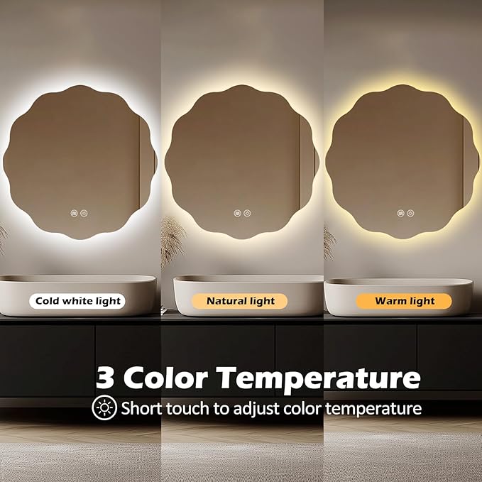 Round LED Bathroom Mirror with Lights 30", Stepless Dimmable Circle LED Mirror with 3 Colors, Anti-Fog, Memory, Frameless Smart Vanity Mirror