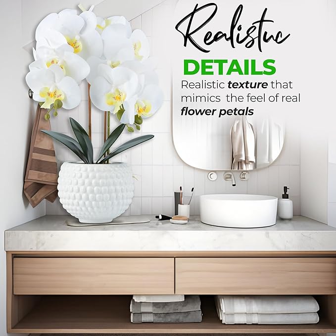 Large Artificial Orchids with Ceramic Pot, Faux Orchids for Living Room, Bathroom, Kitchen, Home, Hotel Indoor Decor (17'' White)