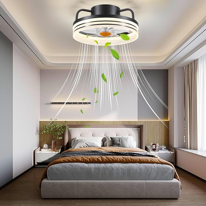 Ceiling Fans with Lights and Remote - Flush Mount Low Profile Ceiling Fans - 13” Bladeless Enclosed Ceiling Fans with Led Light and Stepless Dimming, Small Modern Ceiling Fan for Bedroom